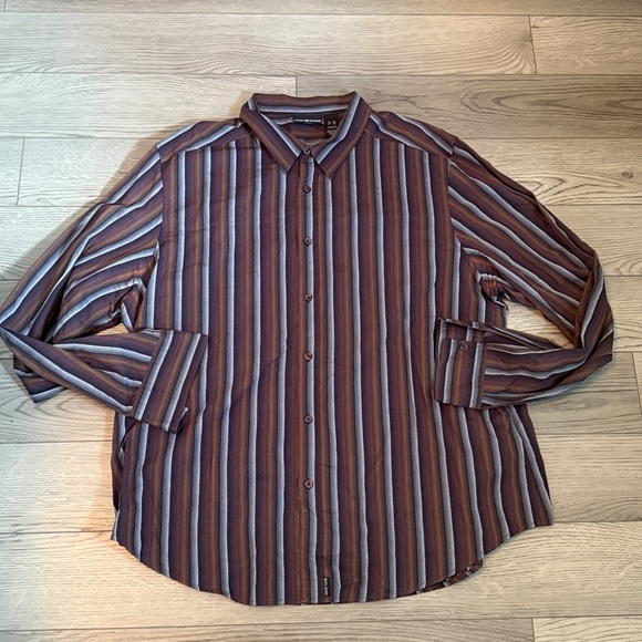 DKNY Jeans Men's Button Up Dress Shirt Brown Striped Long Sleeve Shirt XXL - Picture 1 of 5